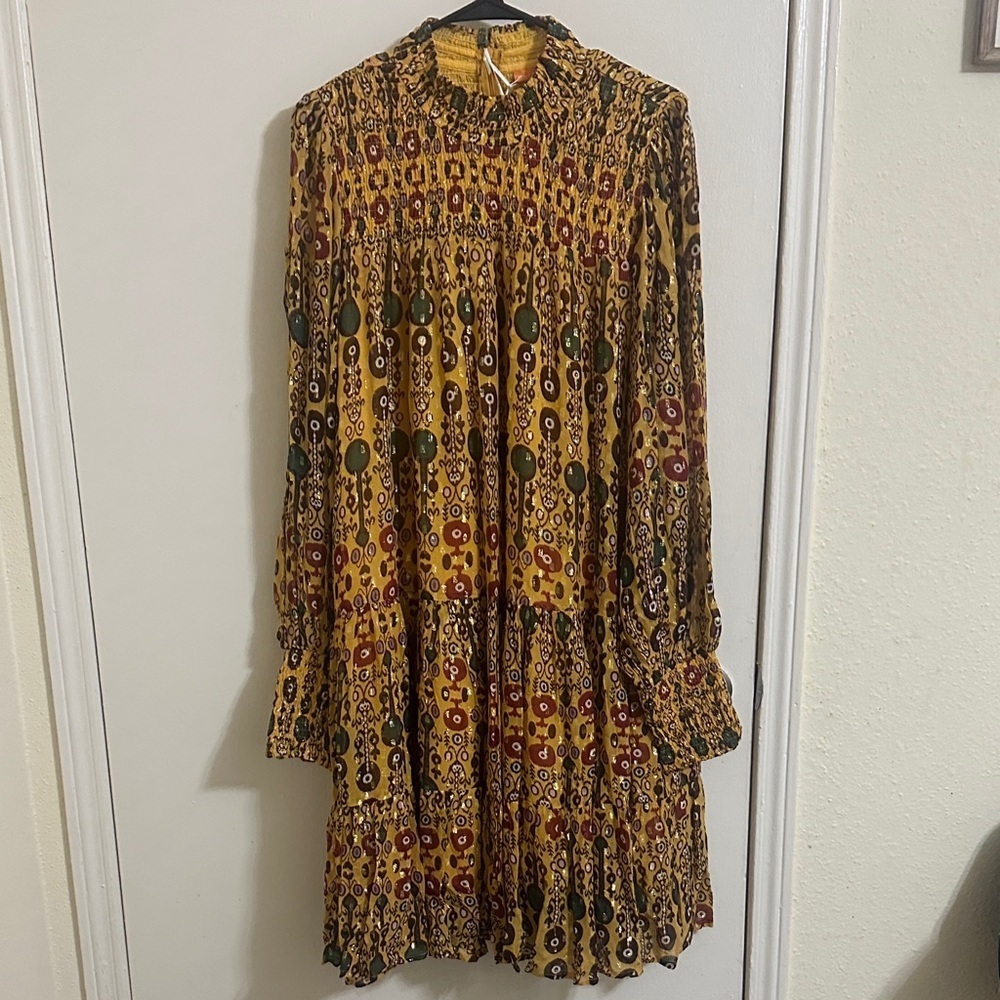 NWT Oliphant Smocked Neck Long Sleeve Fortela Saffron Dress XL